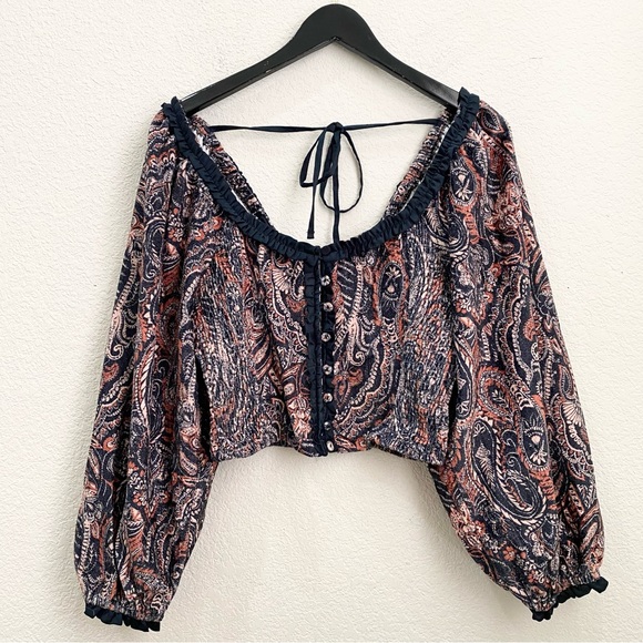 FREE PEOPLE Dare Me Tie Back Velvet Blouse Long Sleeve in Black Combo Size M - Picture 6 of 16